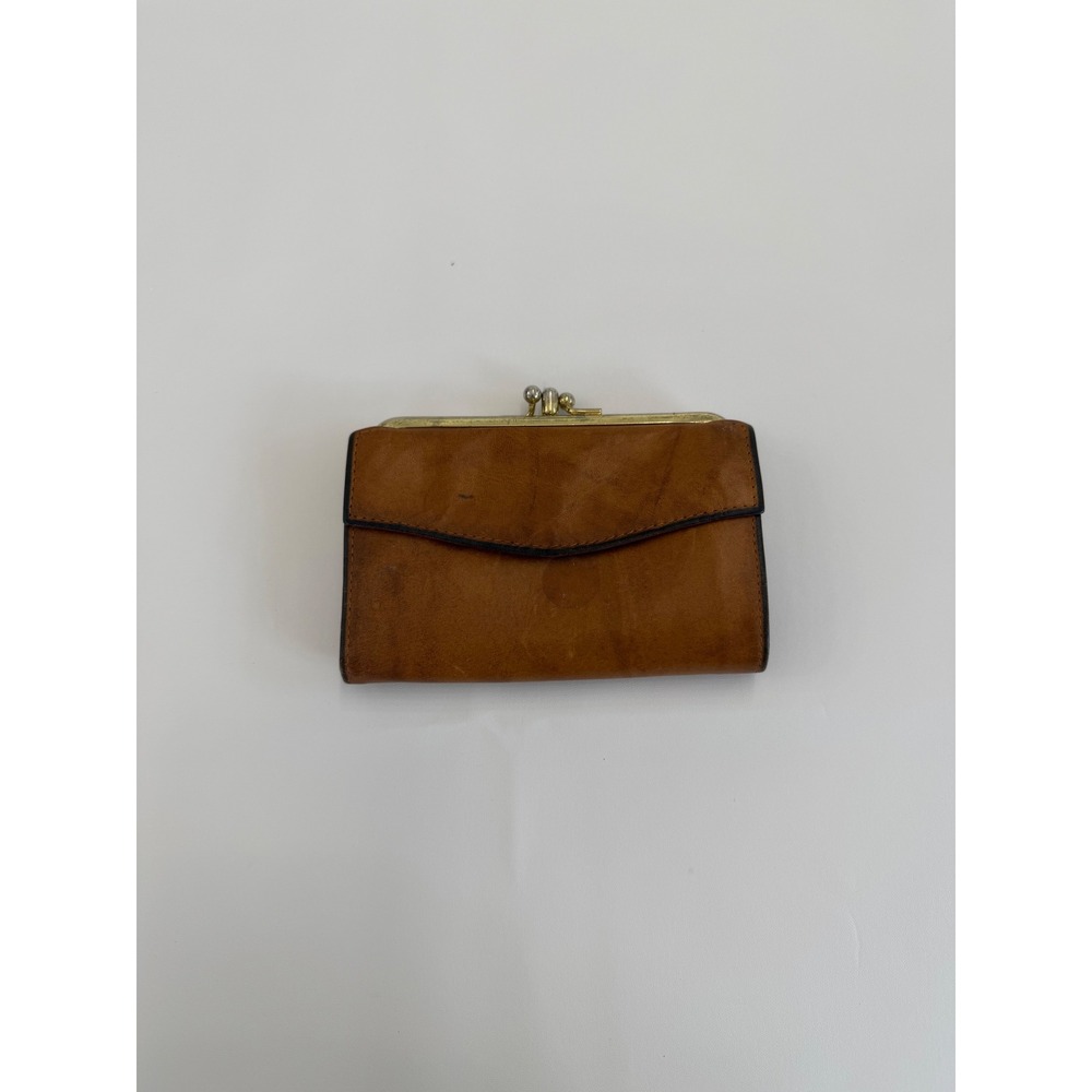 Vintage Caramel Brown Leather Kisslock Wallet Clutch